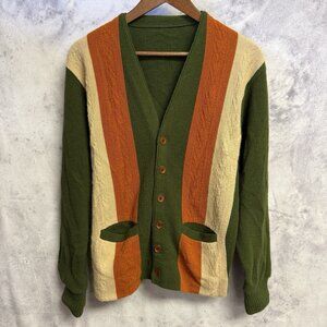 Vintage Cardigan Sweater Mens M 50s 60s Green Orange Cream Knit Grandpa RARE